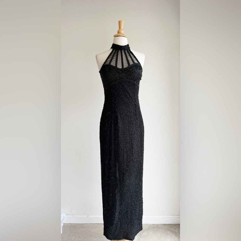 STENAY Vintage Black Silk Beaded Cage Neck Gown 4 - Picture 2 of 8